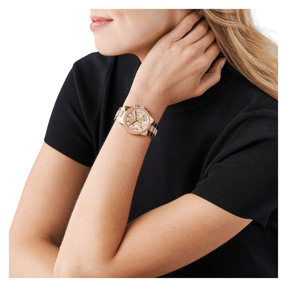 Michael Kors BRYANT 37mm Rose Dial Cubic Zirconia Set Rose Gold IP Case Bracelet Watch