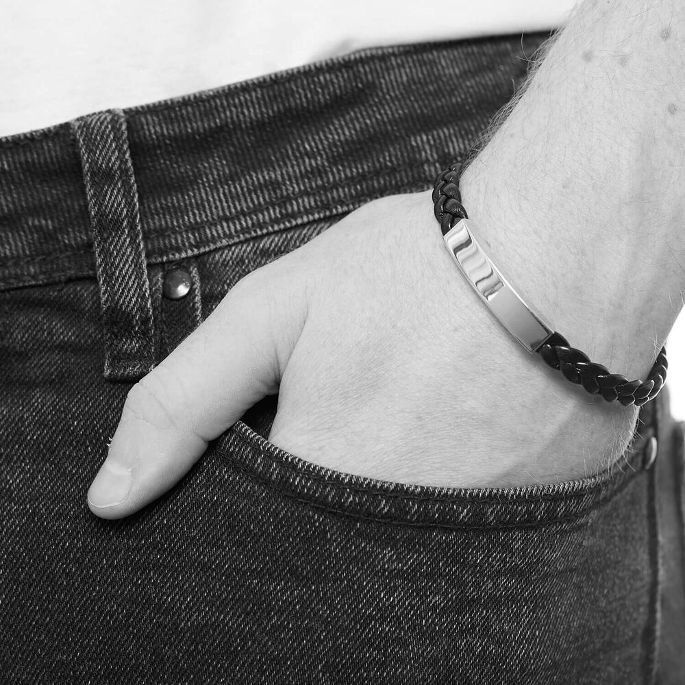 Sterling Silver Plaited Leather Mens Bracelet image number 2