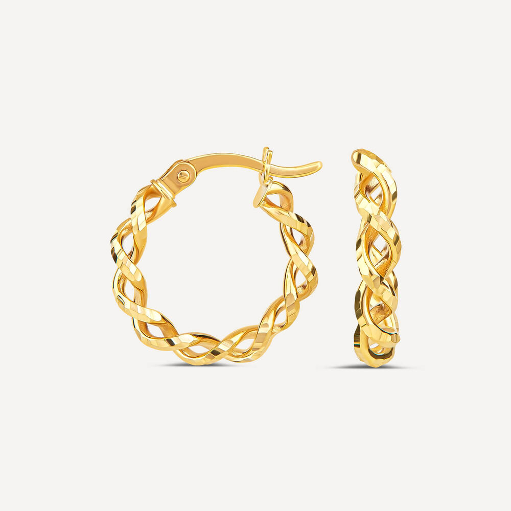 9ct Yellow Gold Diamond Cut Woven Twist Creole Hoop Earrings