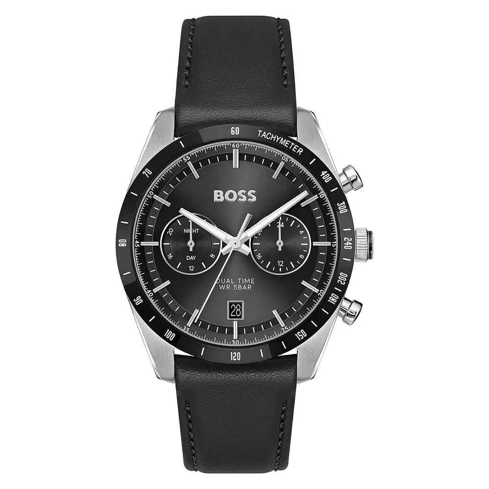 BOSS Tourmaster 41mm Black Dial Black Leather Strap Watch image number 0