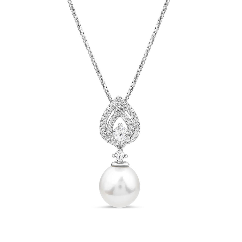 Sterling Silver Cubic Zirconia Double Halo Pear & Pearl Drop Pendant