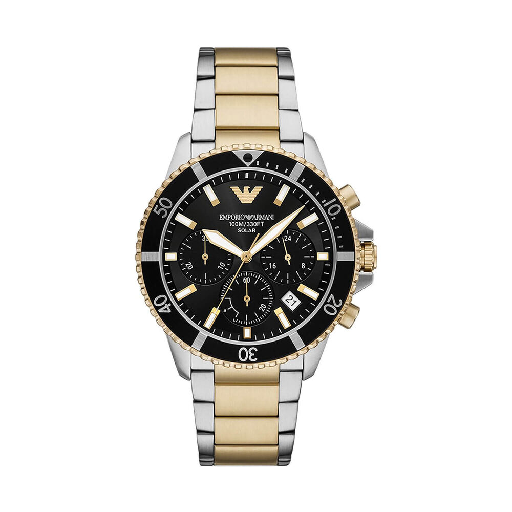Emporio Armani World Explorer Chronograph 43.5mm Black Dial Two Tone Steel Bracelet Watch