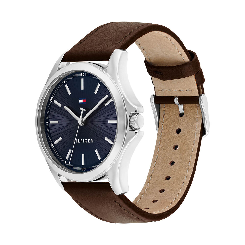 Tommy Hilfiger 43mm Blue Dial Steel Case Brown Leather Strap Watch