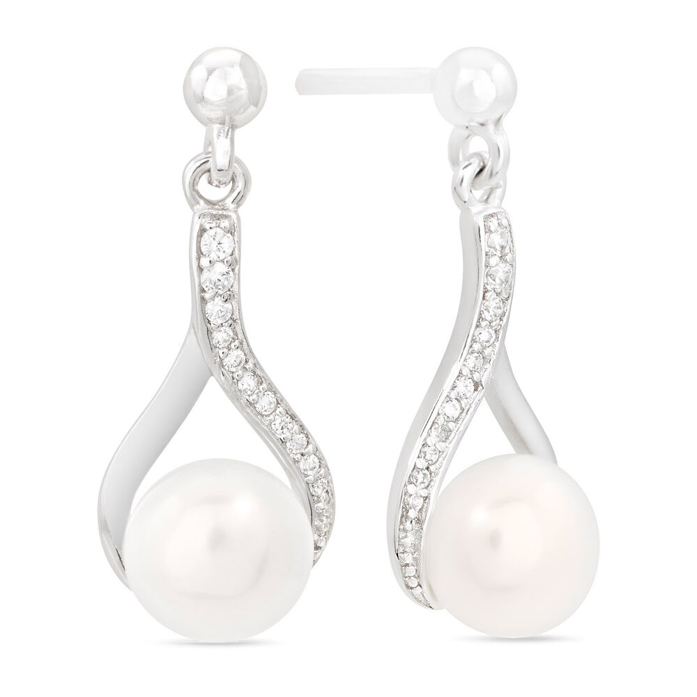 Ladies Sterling Silver with Cubic Zirconia and Freshwater Pearl Twist Top Drop Earrings