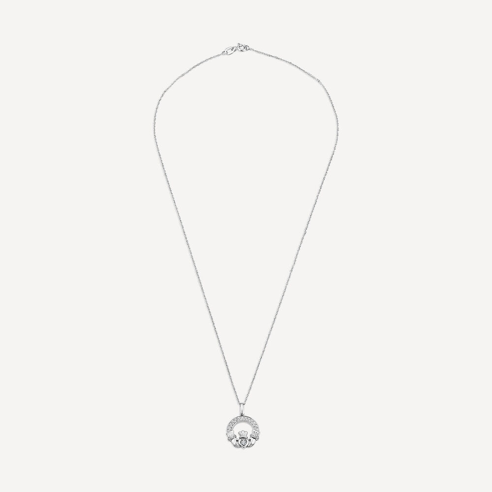 14ct White Gold Diamond Claddagh Pendant image number 2