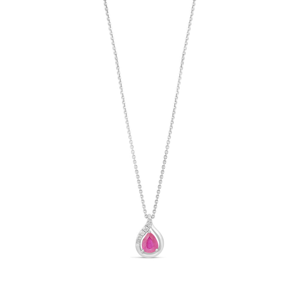 9ct White Gold Pear Created Ruby and Diamond Teardrop Pendant