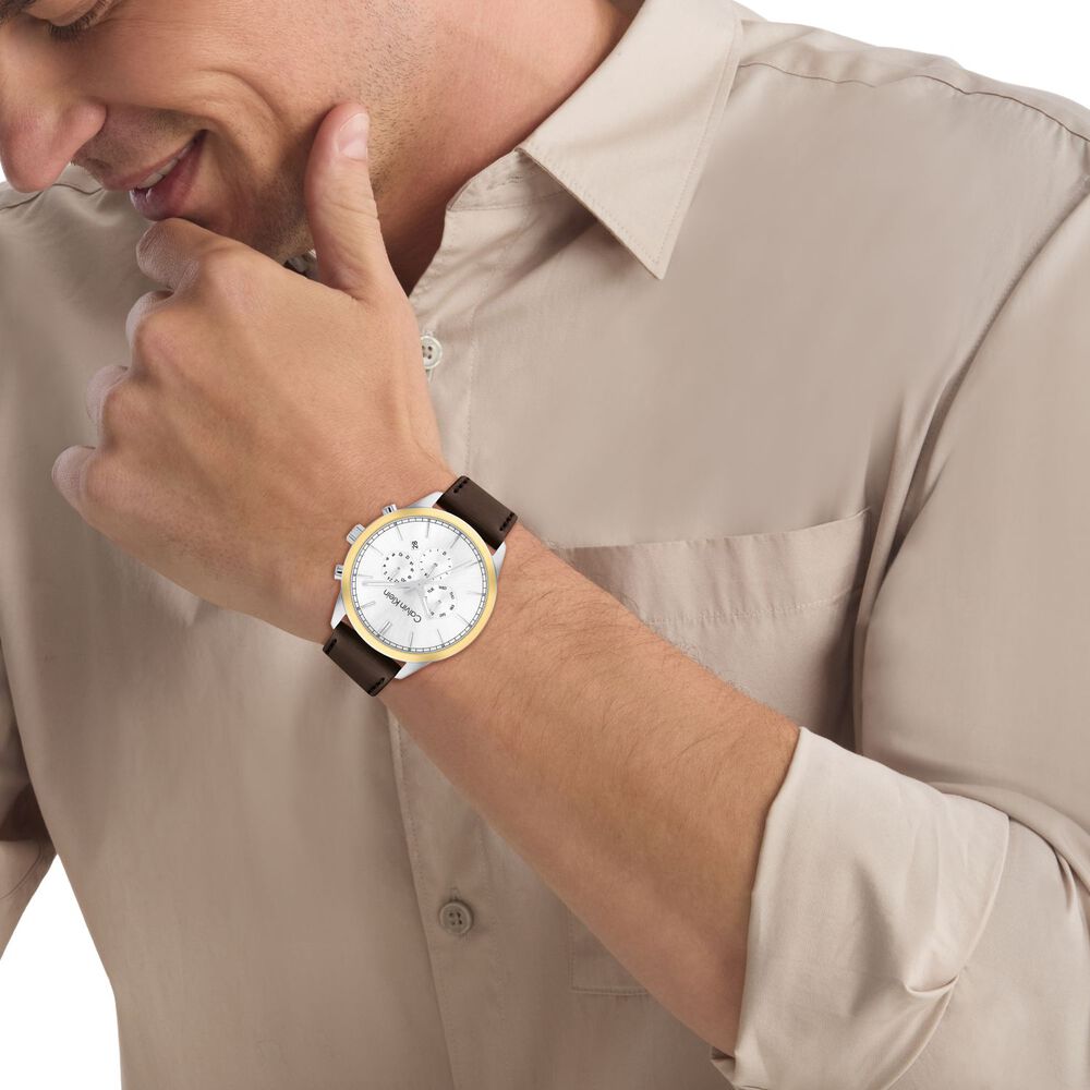 Calvin Klein 44m Silver Dial Yellow Gold Bezel Brown Strap Watch