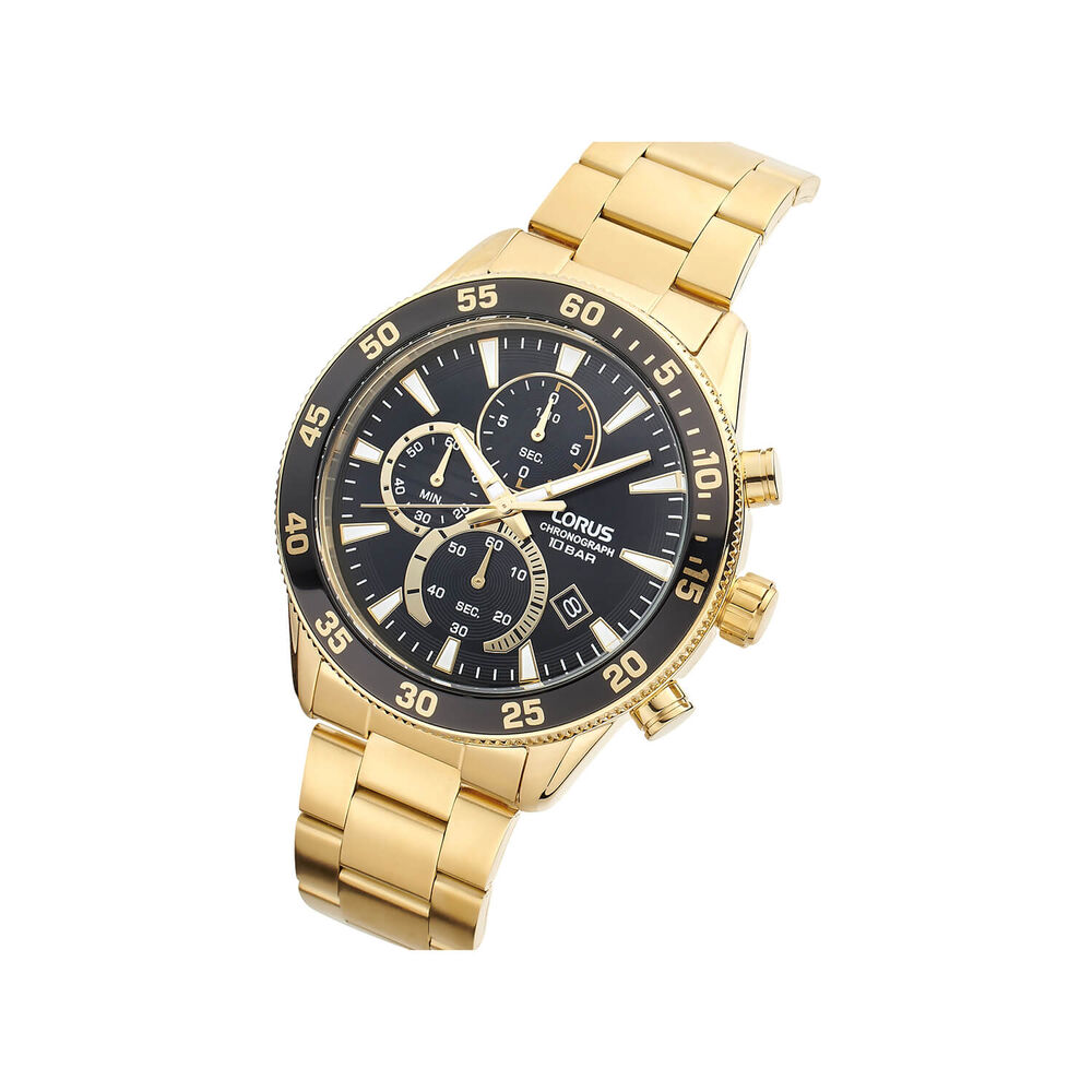 Lorus Quartz Chronograph 45mm Black Dial Gold Tone Steel Bracelet Watch image number 1