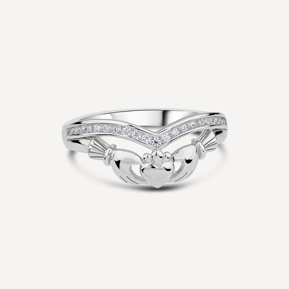 Sterling Silver Cubic Zirconia Wishbone Claddagh Ring image number 2