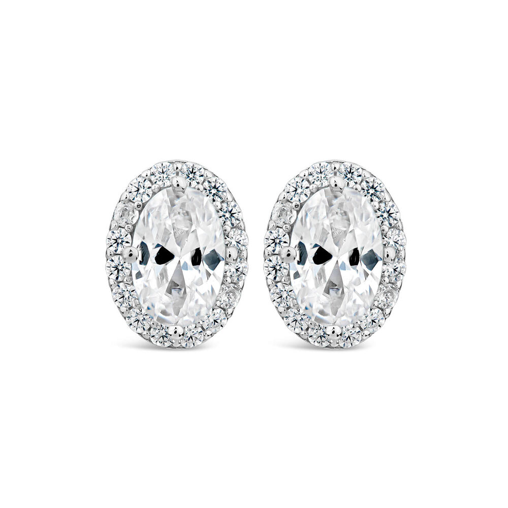 9ct White Gold Oval Halo Cubic Zirconia Stud Earrings image number 0