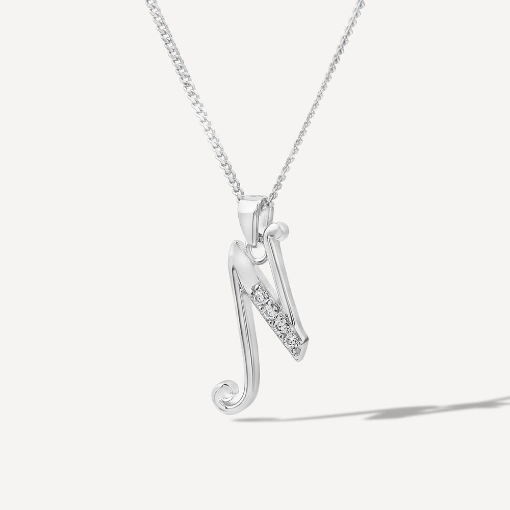 Sterling Silver Script Cubic Zirconia Initial N Pendant image number 1