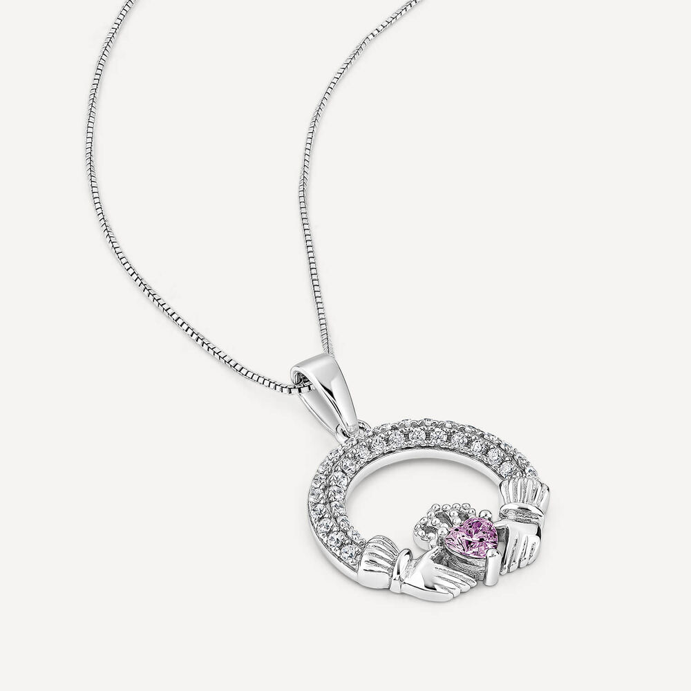 Sterling Silver February Birthstone Pave Cubic Zirconia Claddagh Pendant image number 3