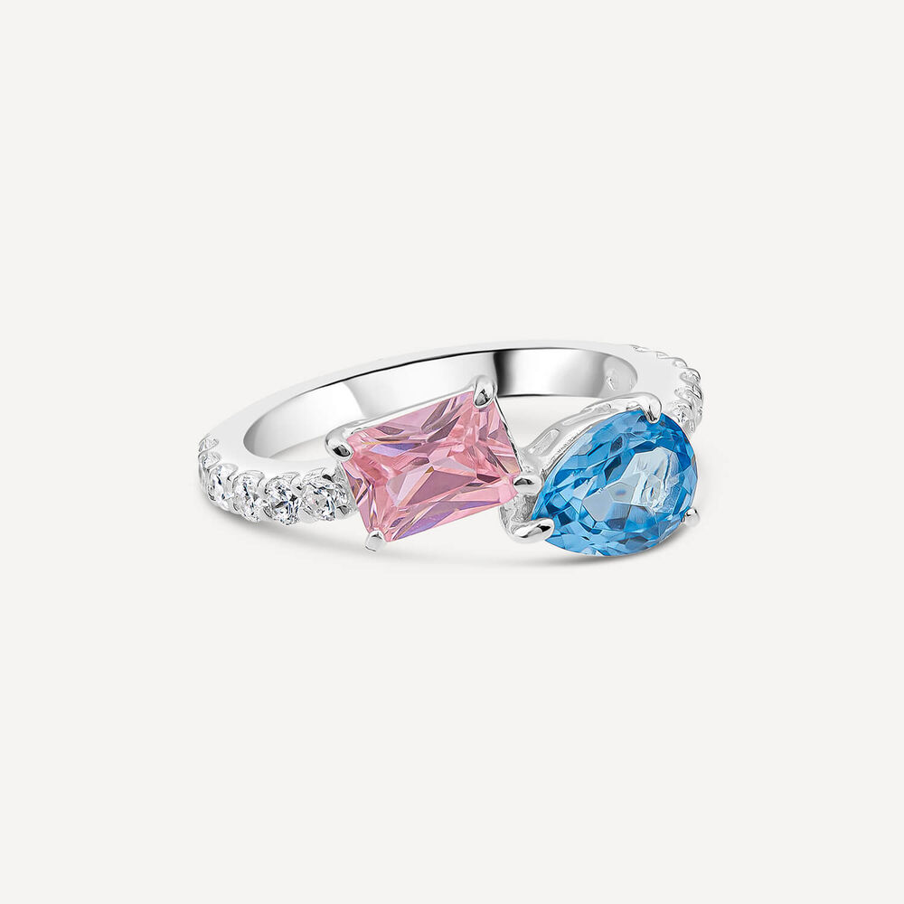 Sterling Silver Pear & Emerald Cut Blue & Pink Cubic Zirconia Toi Et Moi Shoulders Ring image number 2