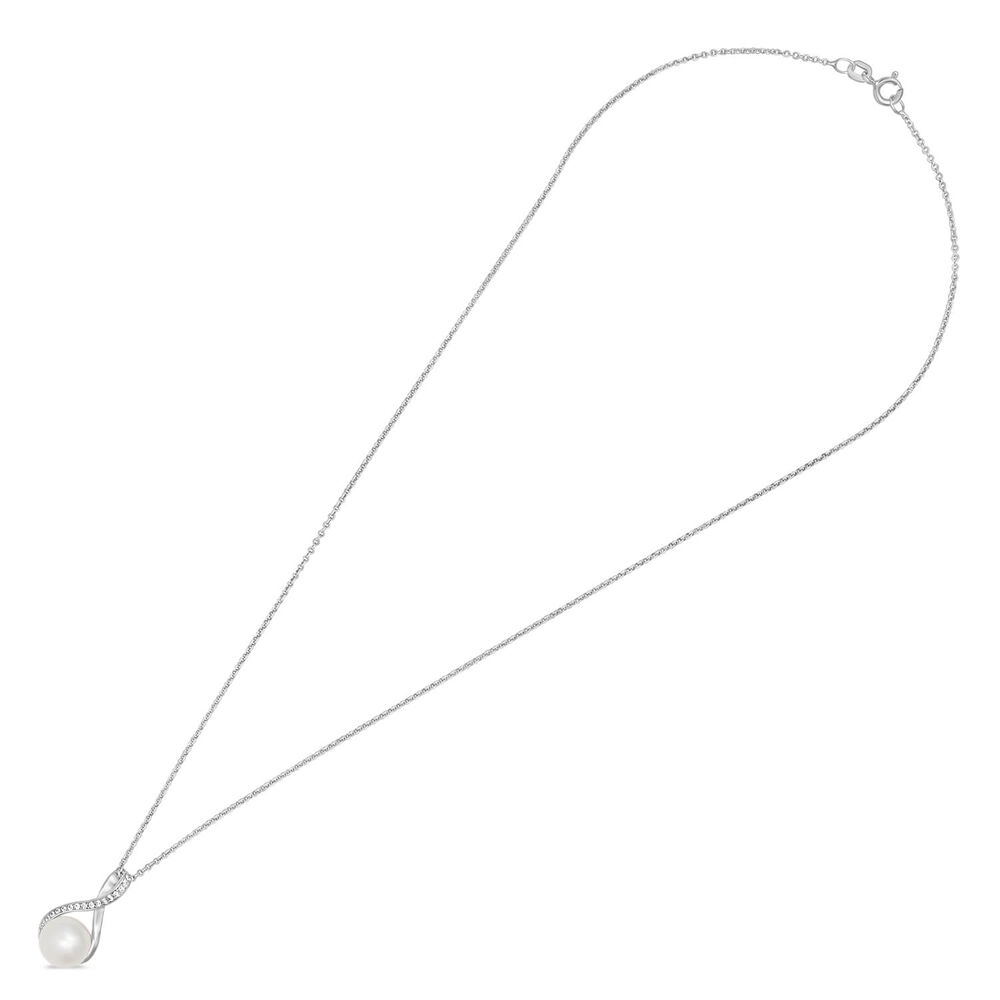 Ladies Silver Cubic Zirconia & Freshwater Pearl Twist Top Drop Necklace (Chain Included) image number 3