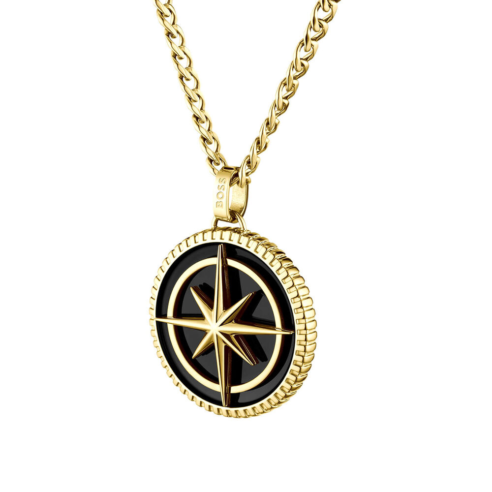 BOSS North Star With Black Fill Pendant Yellow Gold Tone Stainless Steel Necklace