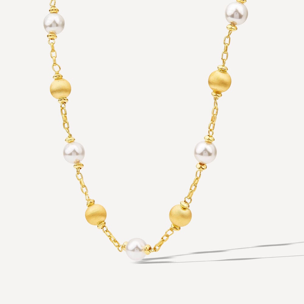 Yellow Gold Plated Sterling Silver Pearls & Matte Beads Necklets