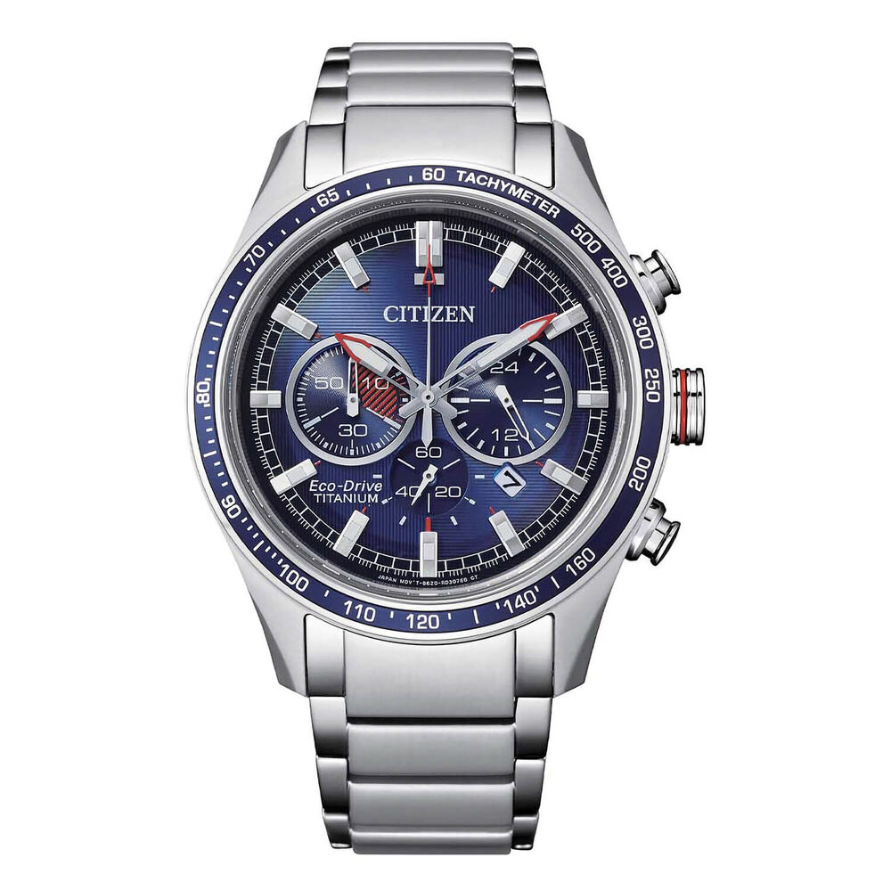 Citizen Eco-Drive Titanium Chronograph Blue Dial Steel Case Bracelet Watch image number 0