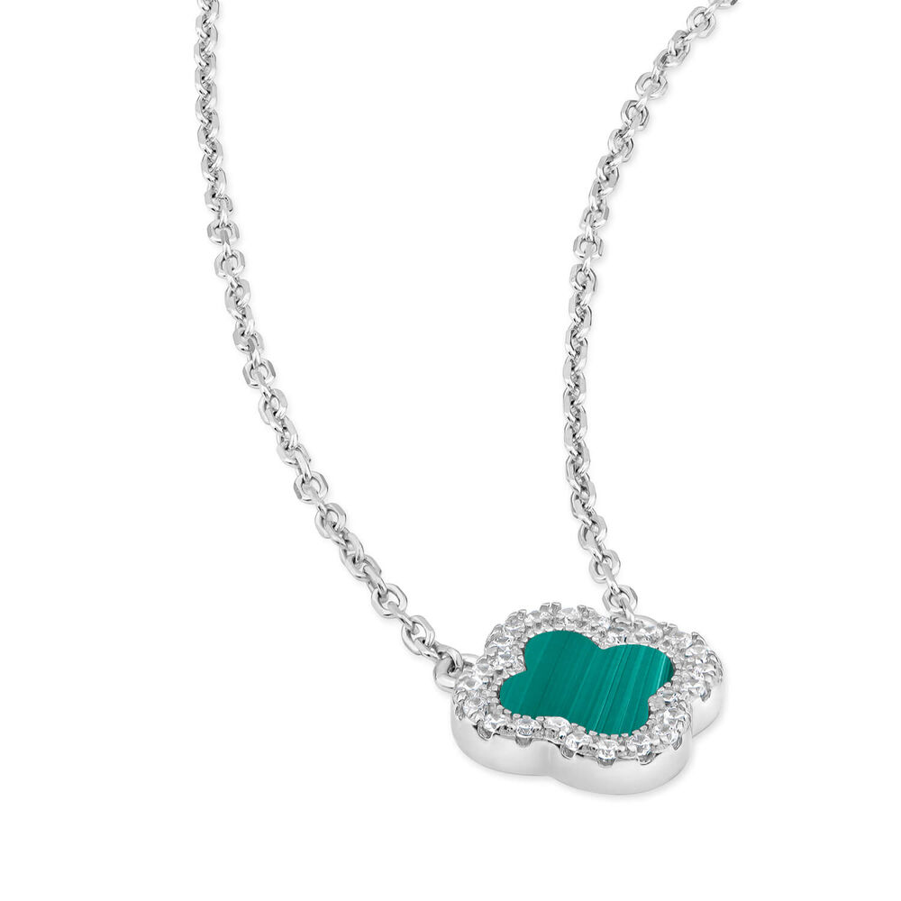 Sterling Silver Malachite & Cubic Zirconia Clover Petal Necklet image number 2