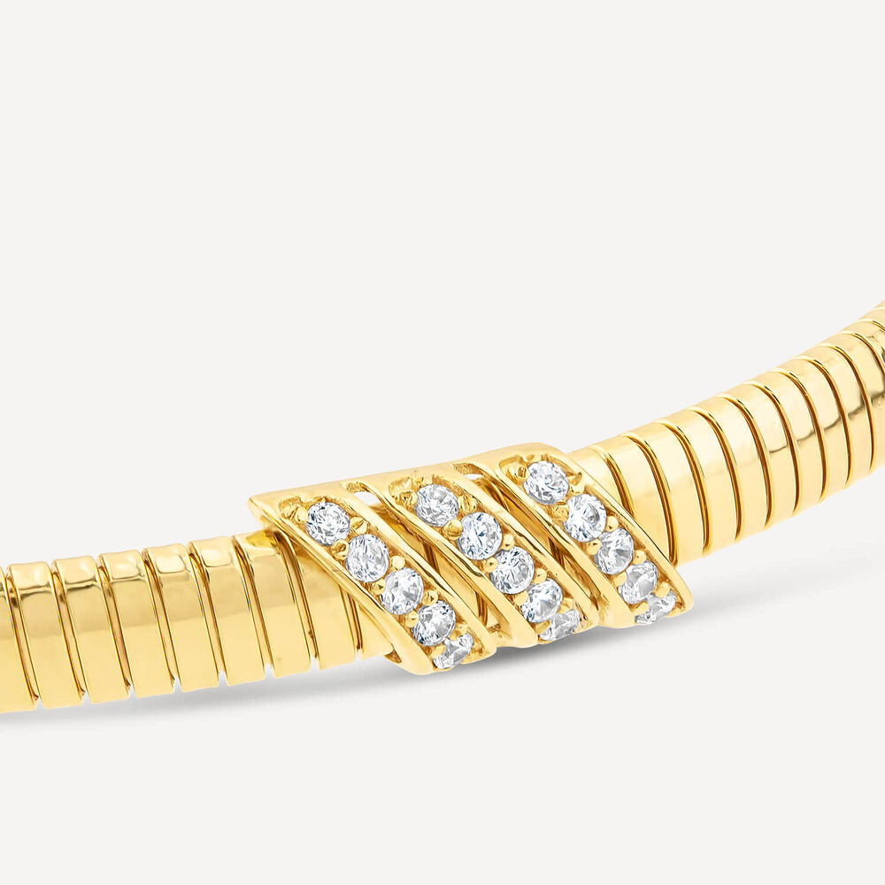 Yellow Gold Plated Sterling Silver Three Bar Cubic Zirconia Centre Ribbed Bangle image number 3