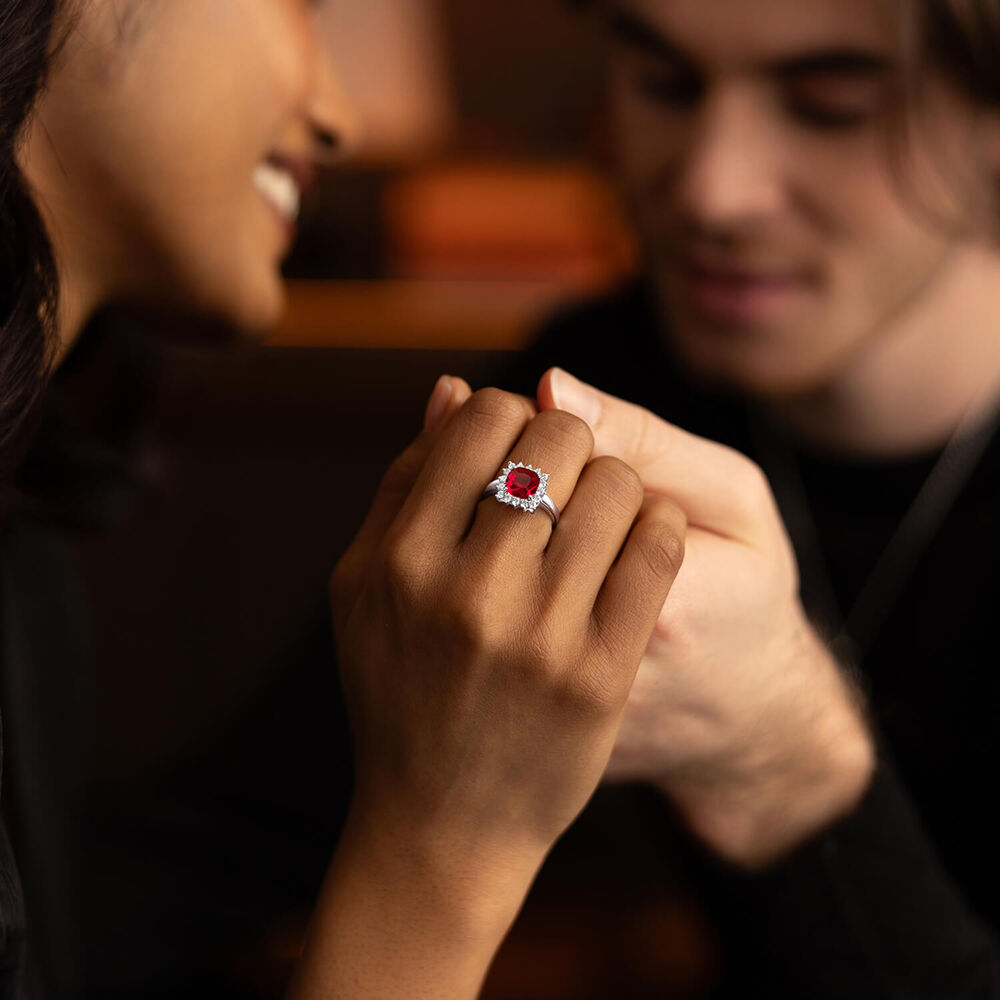 9ct White Gold Cushion Created Ruby And Cubic Zirconia Ring image number 6