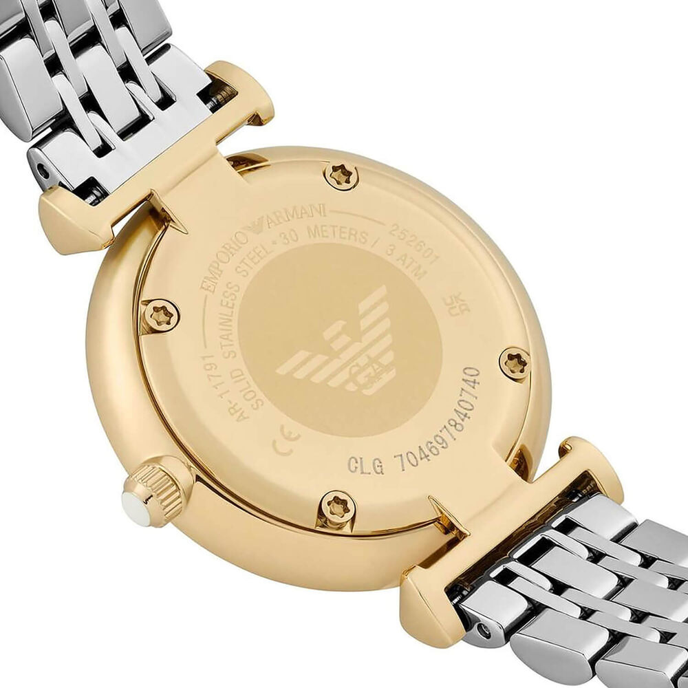 Emporio Armani 32mm MOP Dial Two Tone Steel Bracelet Watch & Gold Tone Bracelet Gift Set