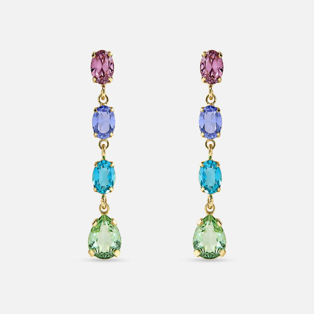Yellow Gold Plated Sterling Silver Multi Colour Oval Cubic Zirconia Drop Earrings