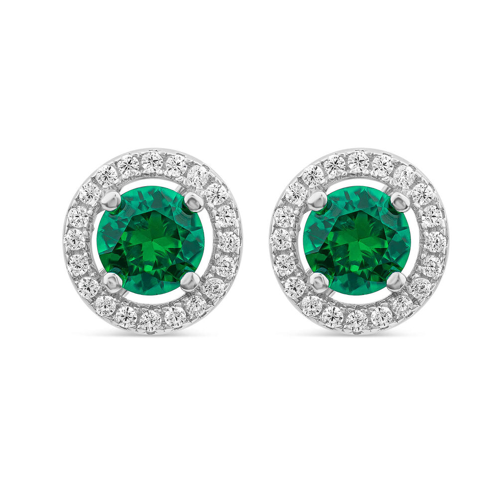 Sterling Silver Green Centre Stone & Cubic Zirconia Halo Stud Earrings image number 0