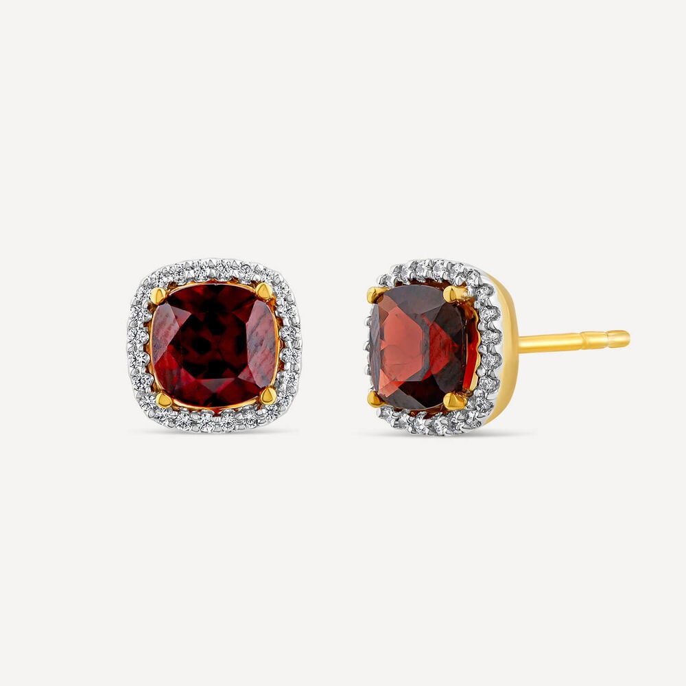 9ct Yellow Gold 0.15ct Cushion Garnet & Diamond Stud Earrings image number 1