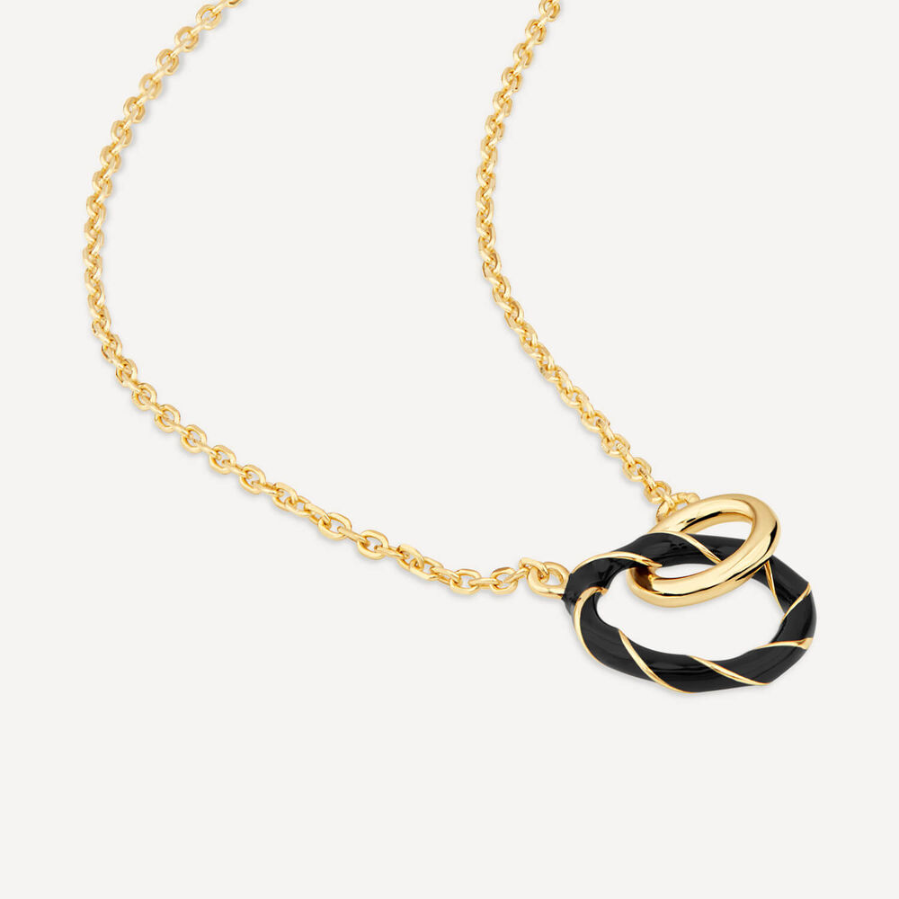 Silver & Yellow Gold Plated Double Circle Black Enamel Necklet image number 3