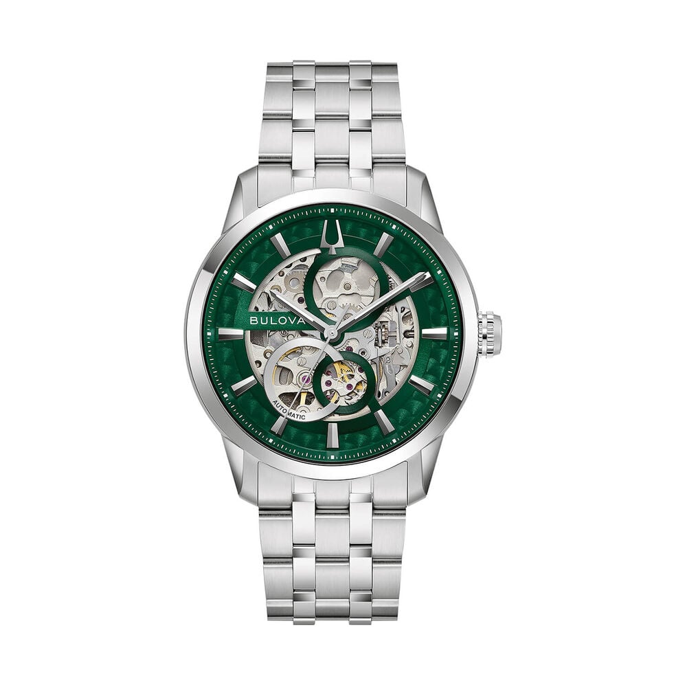Bulova Sutton Automatic 43mm Green Skeleton Dial Steel Bracelet Watch