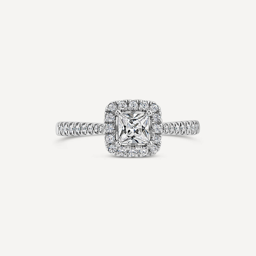 Tulip Setting 18ct White Gold 0.50ct Princess Halo Diamond & Side Stones Ring image number 1