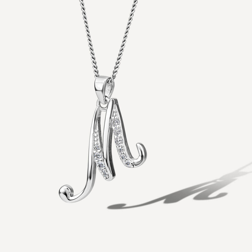 Sterling Silver Script Cubic Zirconia Initial "M" Pendant image number 1