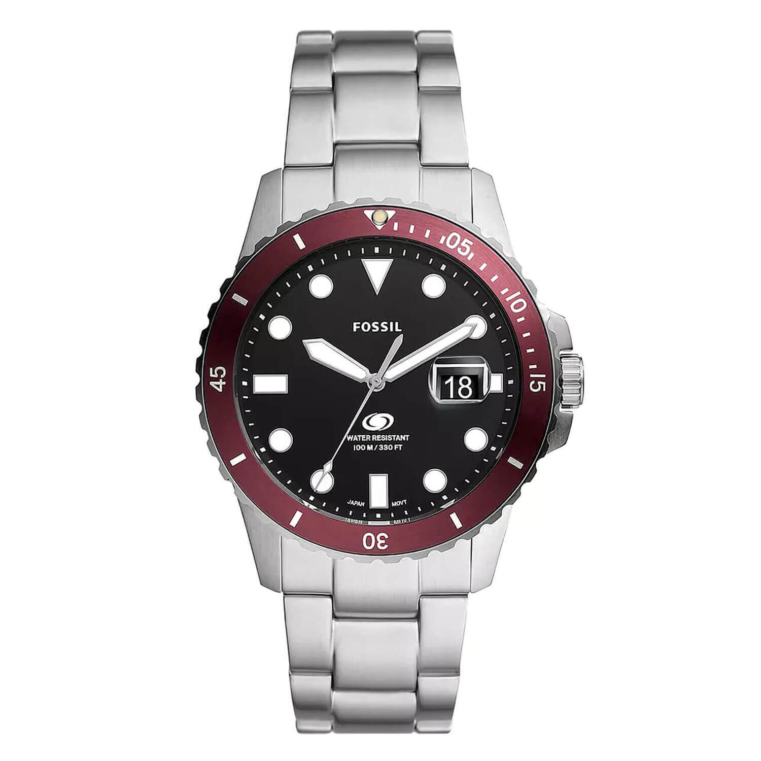 Fossil Blue 42mm Black Dial Red Bezel Steel Case Watch