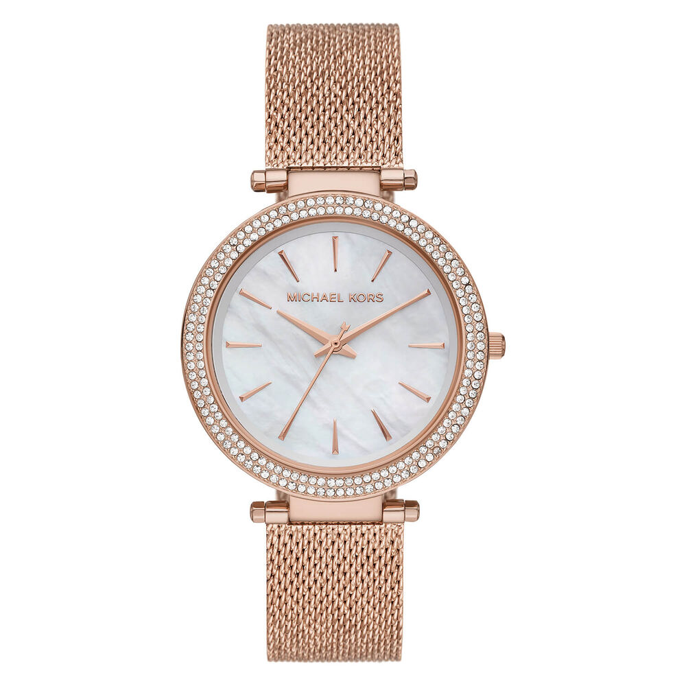 Michael Kors Darci 39mm Mother of Pearl Cubic Zirconia Rose Gold IP & Steel Case Mesh Bracelet Watch