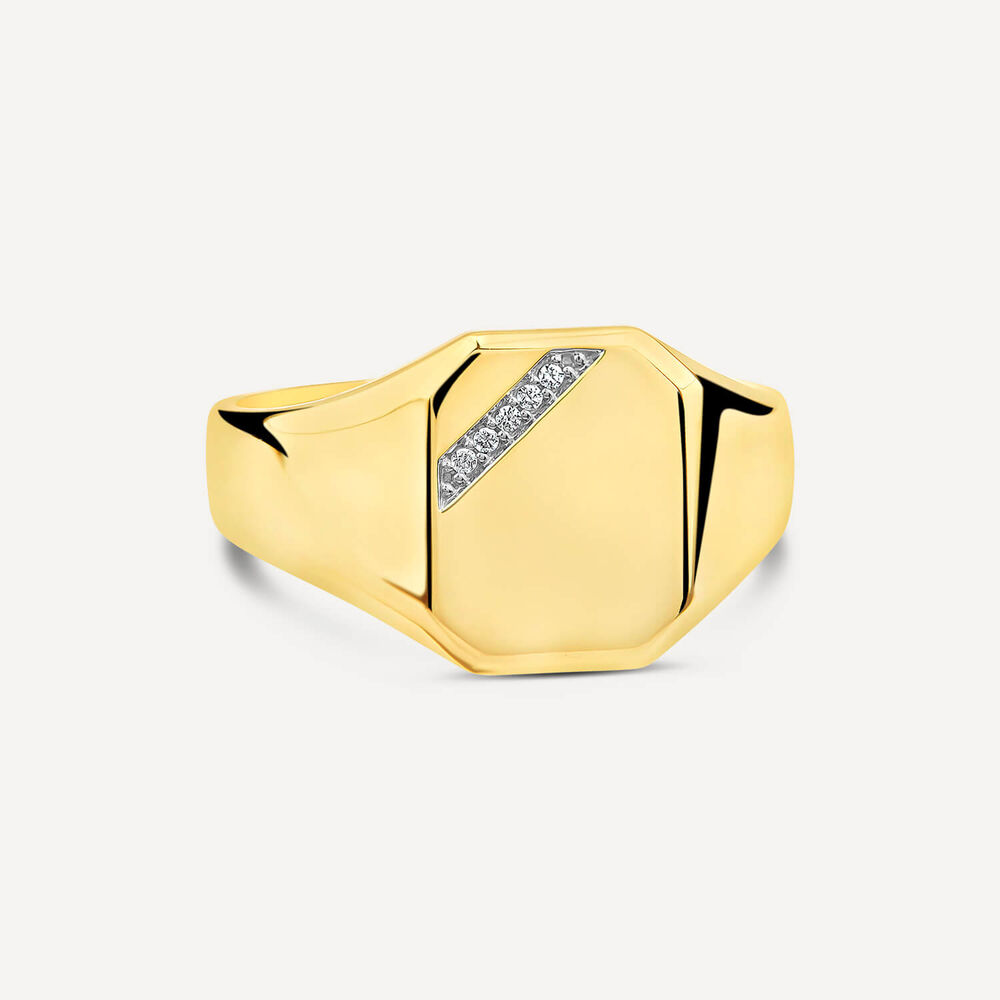 9ct Yellow Gold 0.02 ct Diamond Corner Hexagon Shaped Signet Ring