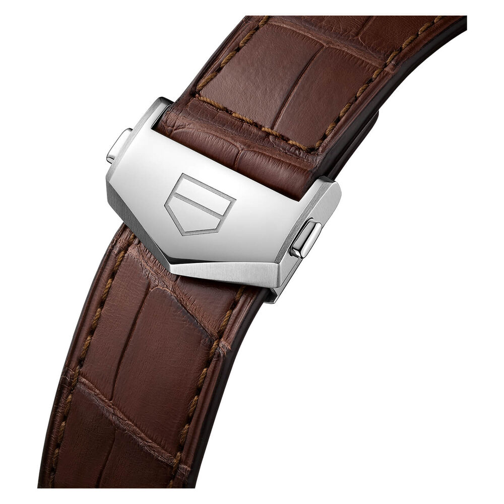 TAG Heuer Carrera 41mm Day & Date Silver Dial Steel Case Brown Strap Watch image number 4
