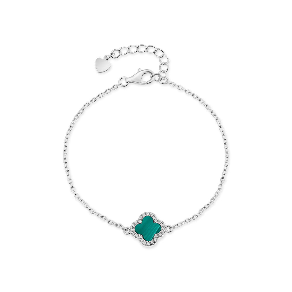 Sterling Silver Malachite & Cubic Zirconia Clover Petal Bracelet image number 0