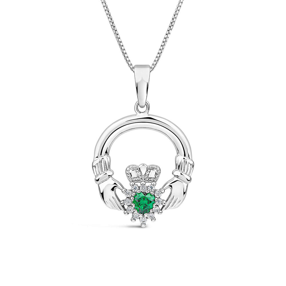 Sterling Silver Cubic Zirconia & Green Crystal Claddagh Pendant image number 0