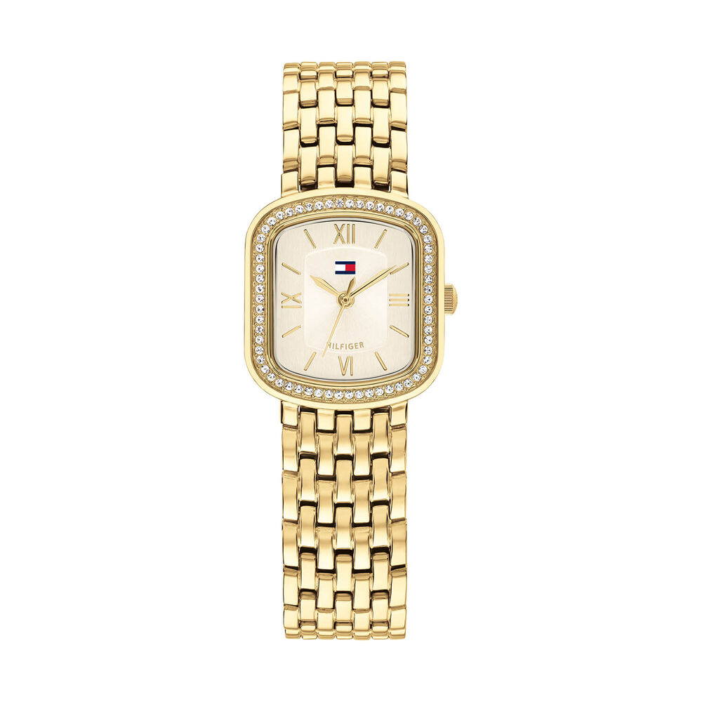 Tommy Hilfiger 24x22.5mm Champagne Dial Crystal Bezel Gold Tone Steel Bracelet Watch