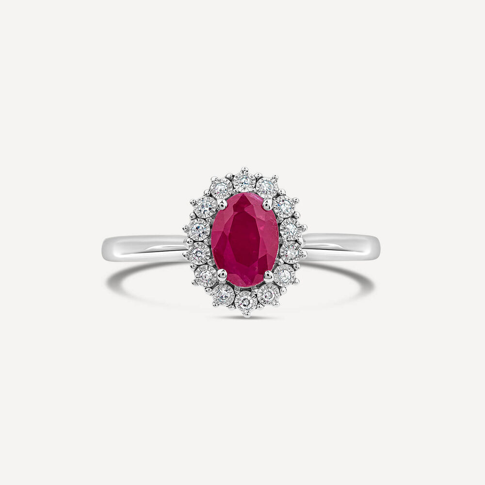 9ct White Gold Ruby & 0.05ct Cluster Diamond Ring
