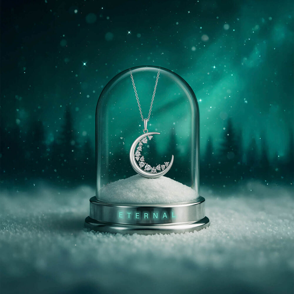 Sterling Silver Cubic Zirconia Half Moon Pendant (Chain Included) image number 3