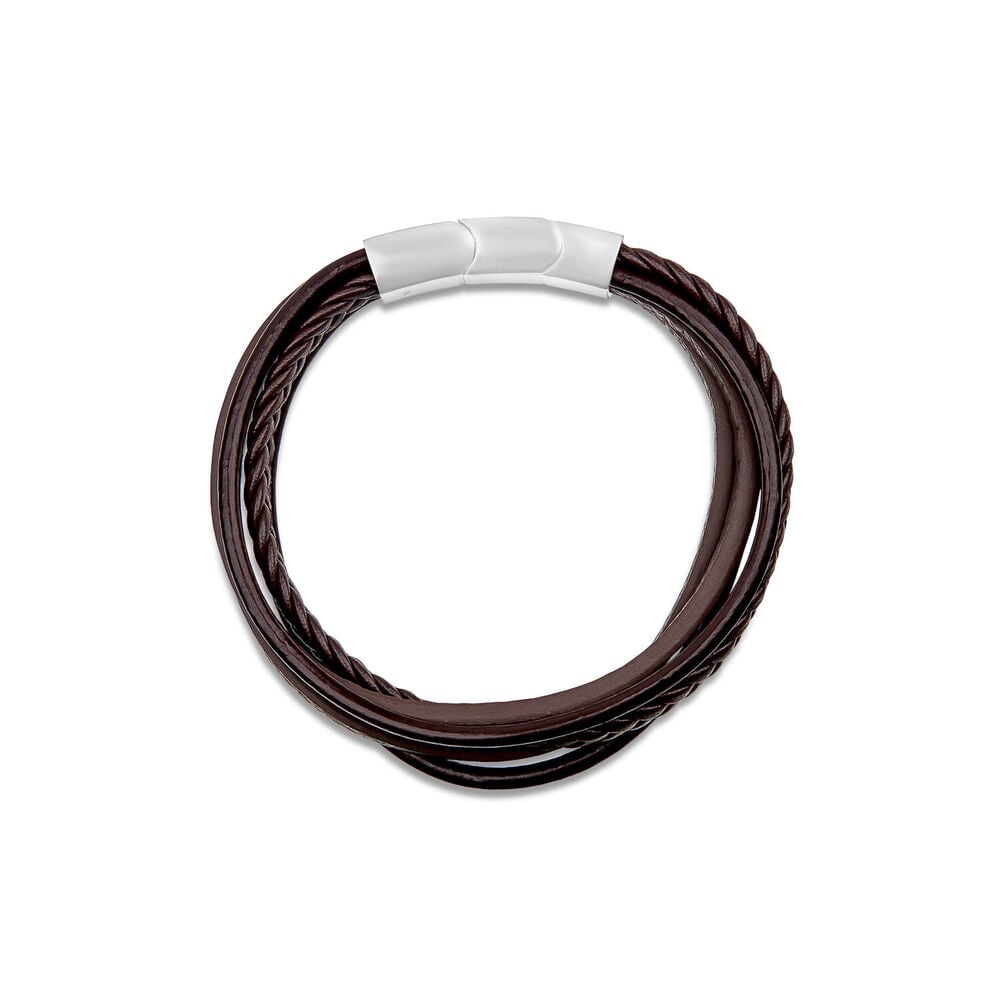 Men's Steel & Brown Multi Wrap Leather Plait Bracelet