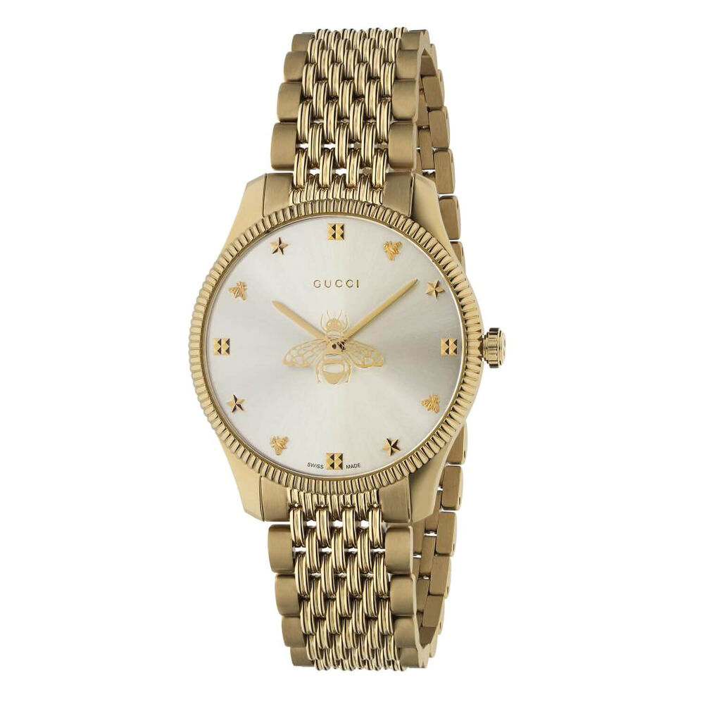 Pre-Owned Gucci G-Timeless 36mm Silver Dial Bee Detail Yellow Gold PVD Case Bracelet Watch image number 0