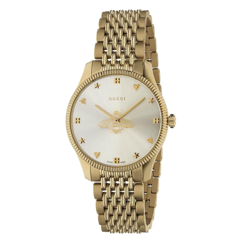 Pre-Owned Gucci G-Timeless 36mm Silver Dial Bee Detail Yellow Gold PVD Case Bracelet Watch