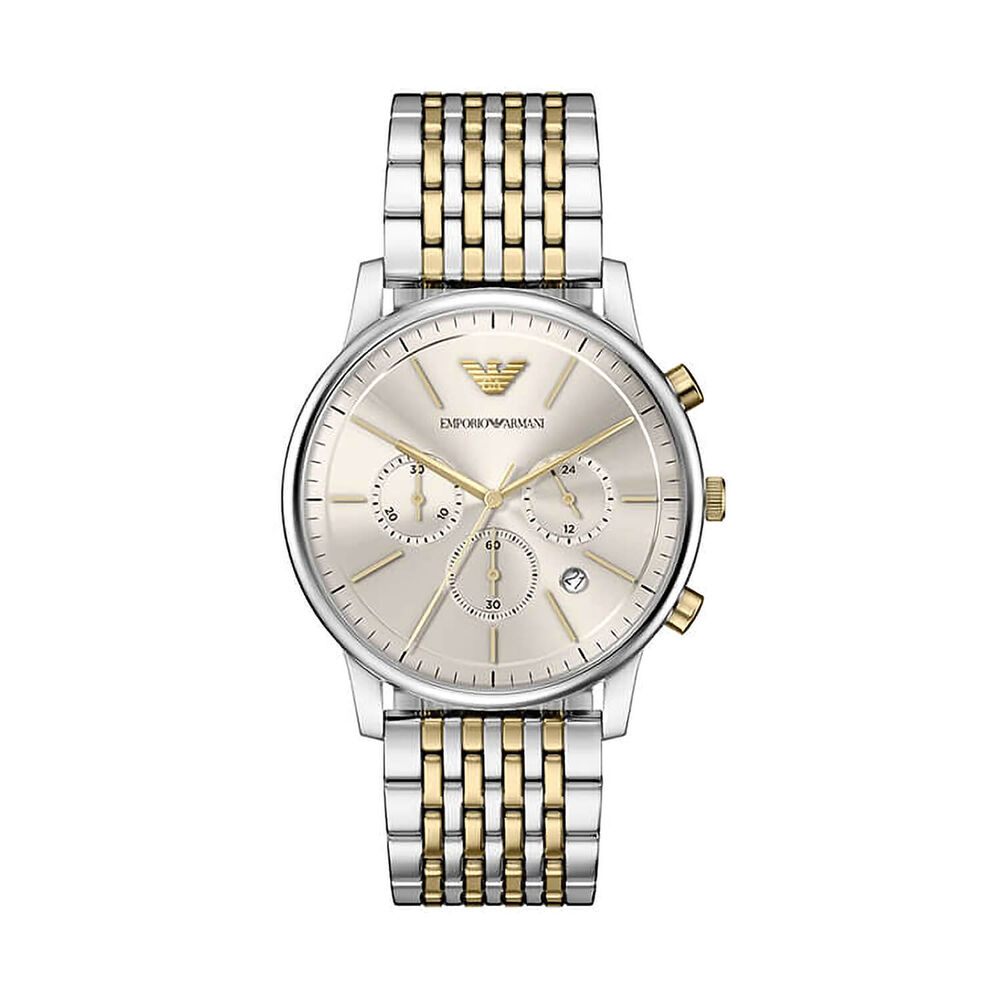 Emporio Armani Minimalist 42mm Silver Dial Two Tone Stainless Steel Bracelet Chronograph Watch