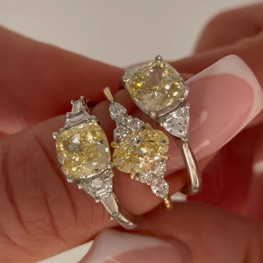 Born Platinum & 18ct YG 2.6ct Yellow Cushion Centre Tapered Shaped Lab Grown Diamond Sides Ring image number 4