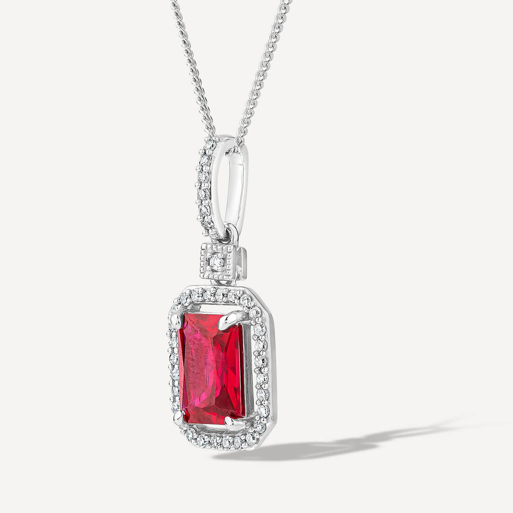 9ct White Gold Rectangular Created Ruby & Diamond Cluster Bale Pendant