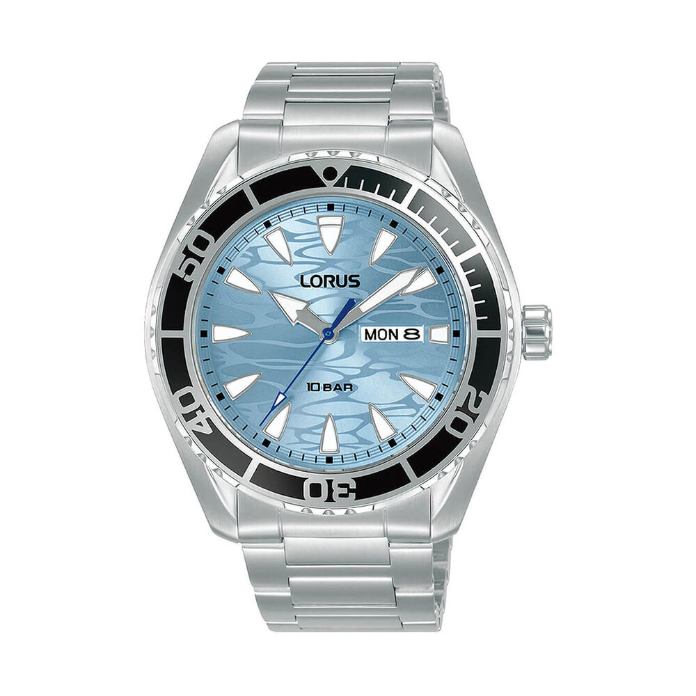 Lorus Quartz Gents 43mm Light Blue Wave Dial Black Bezel Steel Bracelet Watch