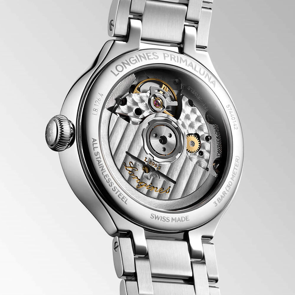 Longines Elegance Primaluna 34mm Silver Dial Moonphase Date Steel Bracelet Watch image number 4