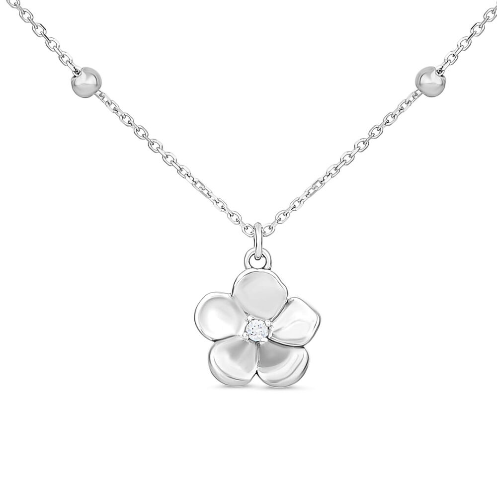 9ct White Gold Cubic Zirconia Beaded Set Flower Pendant